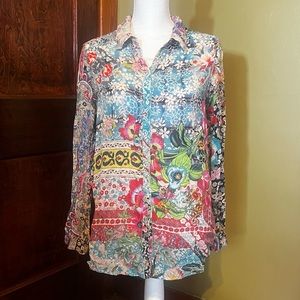 Johnny Was Silky Cupra Rayon floral mixed pattern button down blouse S
